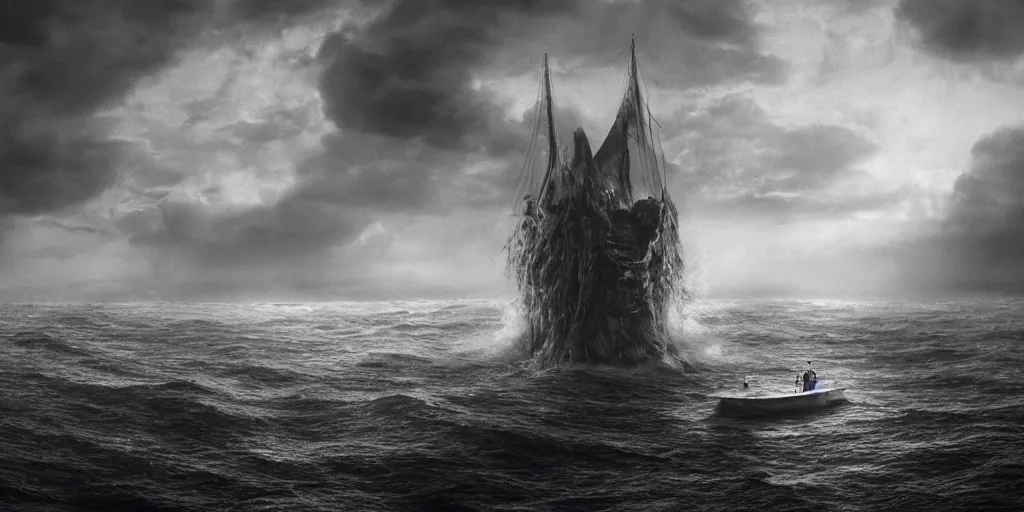 Prompt: a highly detailed realistic photographic render of a boat witnessing a lovecraftian monster creature in the sea. humanoid, creepy, cinematic lighting, cinematic scene, Volumetric lighting, Atmospheric scene, Dark, Horror, Atmospheric lighting, Global illumination, realistic, photo realism, hyper realistic, hyper realism, photo realisitc, cinematic render, film, beautifully lit, ray traced, octane 3D render, octane render, unreal engine
