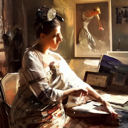 Prompt: extraordinary portrait : mata hari in checked shirt, modern hairstyle, blonde, in her art studio. precise detail. art by anders zorn, wonderful masterpiece by greg rutkowski, beautiful cinematic light, american romanticism by greg manchess, jessica rossier