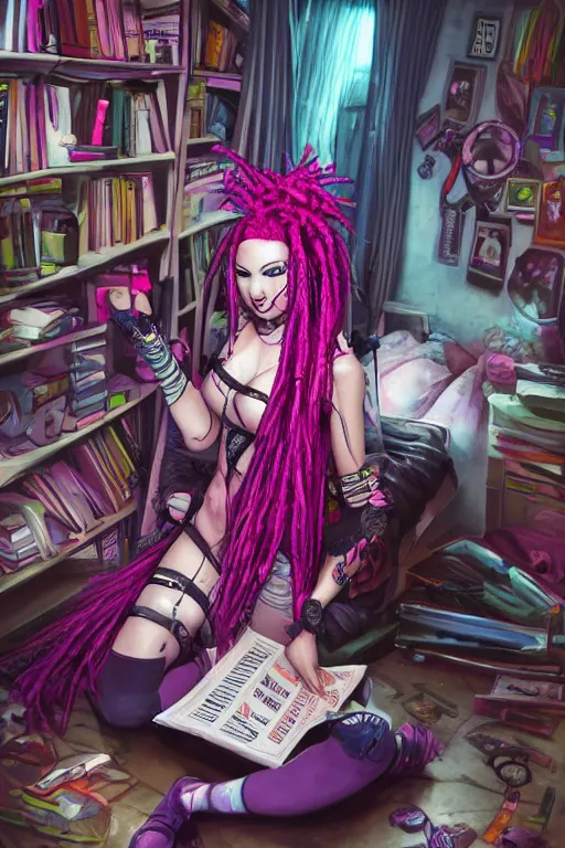 Image similar to portrait of a cybergoth girl with pink dreads reading a book on the floor of a cluttered 9 0 s bedroom, dynamic lighting, fantasy concept art, trending on art station, stunning visuals, creative, cinematic, ultra detailed,