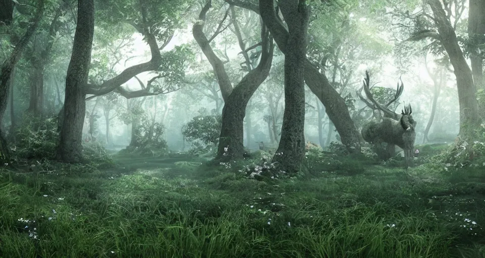 Prompt: Enchanted and magic forest, with Vray