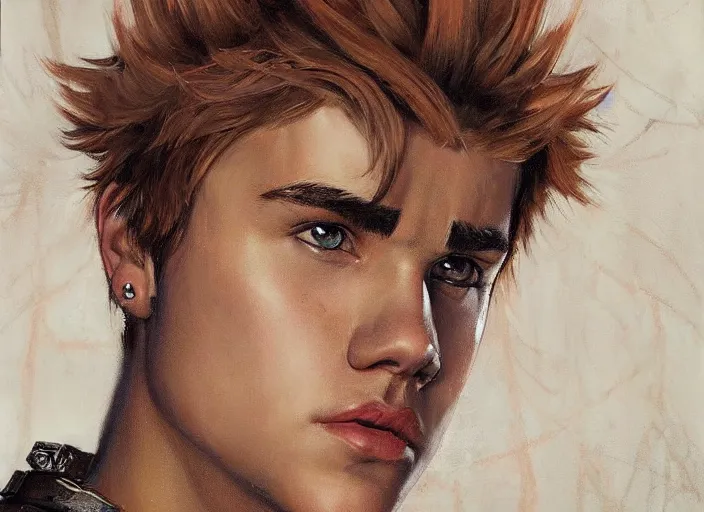 Image similar to a highly detailed beautiful portrait of justin bieber as kratos, by gregory manchess, james gurney, james jean