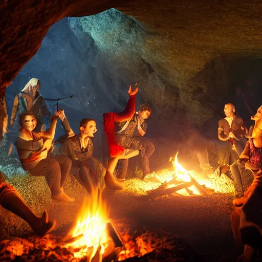 Image similar to medieval villagers dances around a campfire in a cave, colorful crystals everywhere, 4k, 8k, unreal engine, by greg rutkowski, hyper realistic, octane render