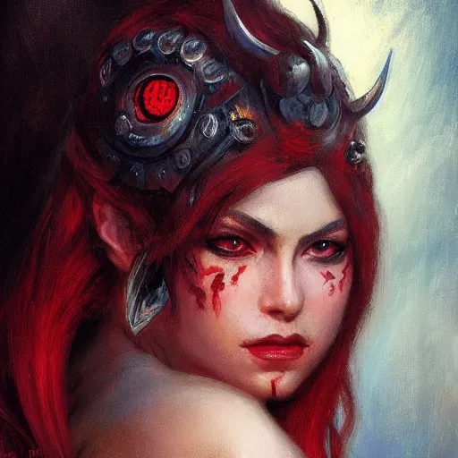 Image similar to attractive demon queen with red eyes painting by gaston bussiere and inspired by luis rollo, portrait, digital painting, highly detailed, artstation, sharp focus, illustration, concept art, hd