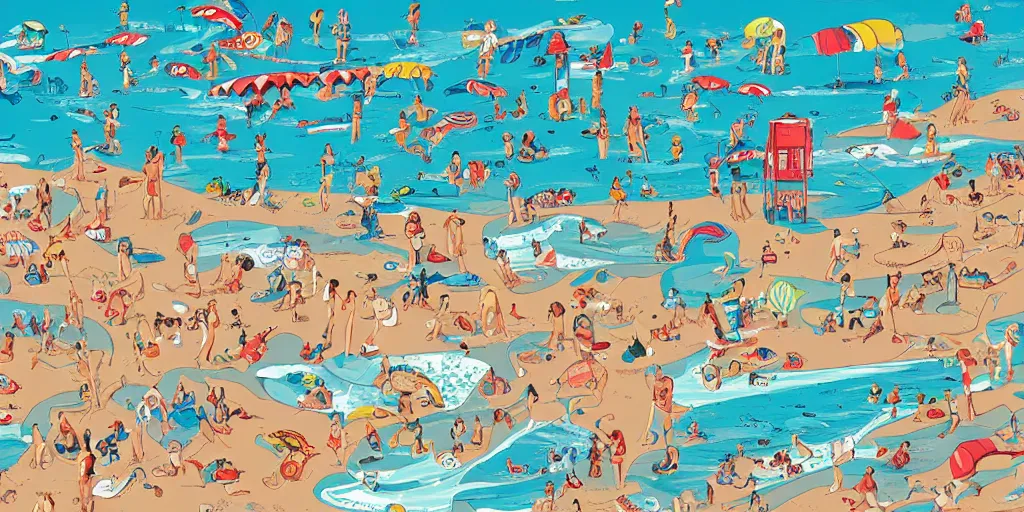 Image similar to a full page spread from the where's waldo at the beach book, high detail illustration, coherent