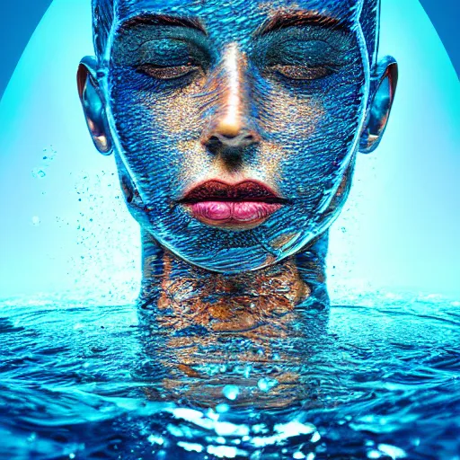 Image similar to water artwork manipulation in the shape of a human head, on the ocean water, futuristic, neon, magma, ray tracing, realistic water sharp focus, long shot, 8 k resolution, cinematic, surreal water art