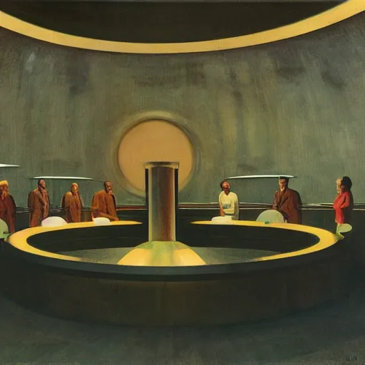 Image similar to scientists testing an experimental quantum plasma reactor in a dome - shaped control center, grant wood, pj crook, edward hopper, oil on canvas