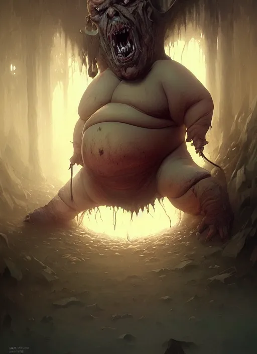 Prompt: highly detailed portrait of a evil very fat obese orc goblin, horror, creepy, unreal engine, fantasy art by greg rutkowski, loish, rhads, ferdinand knab, makoto shinkai and lois van baarle, ilya kuvshinov, rossdraws, tom bagshaw, alphonse mucha, global illumination, radiant light, detailed and intricate environment