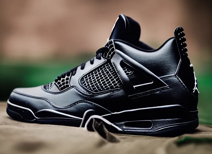 Image similar to product still of Black Panther signature Jordan 4s, black with silver panther teeth accents, 85mm f1.8