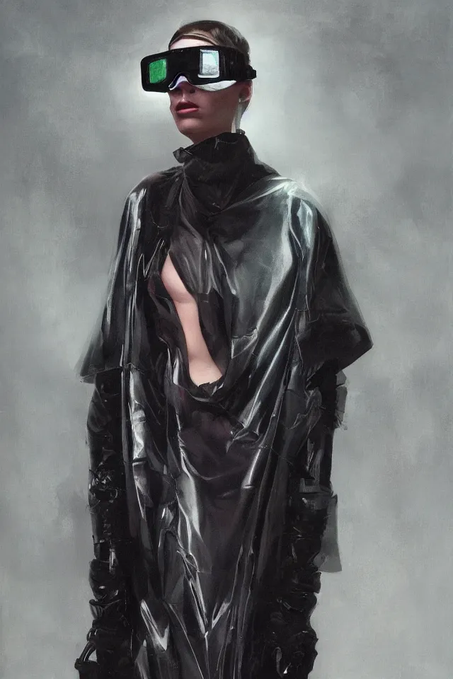 Image similar to digital fashion, androgynous person, tactical poncho latex rags, wearing goggles, techwear, iridiscent light, high key, cinematic lighting at night, neon, phil hale, boris vallejo, alberto mielgo, patrick o'keeffe