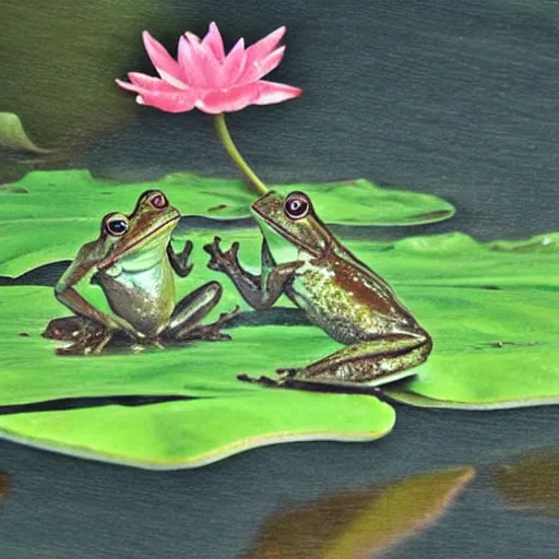 Prompt: Frogs playing banjo in the rain under a lily pad