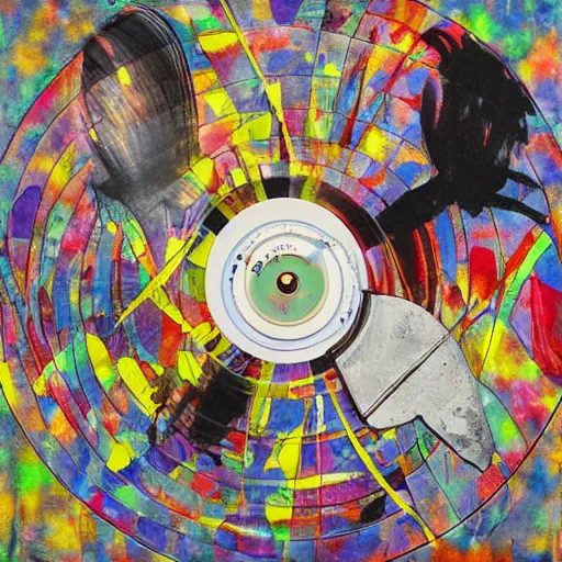 Prompt: a photo of a cracked cd by george condo, visual novel, ink, dramatic, perspective, analogous - colors