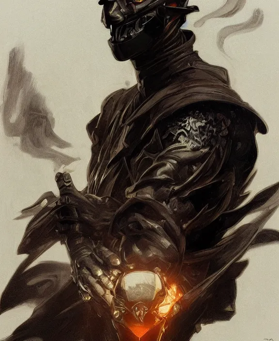 Prompt: portrait close up of man with black mask, concentrated look, symmetry, with an explosion on the back, d & d, fantasy, intricate, elegant, highly detailed, digital painting, artstation, concept art, art by artgerm and greg rutkowski and alphonse mucha, boris vallejo