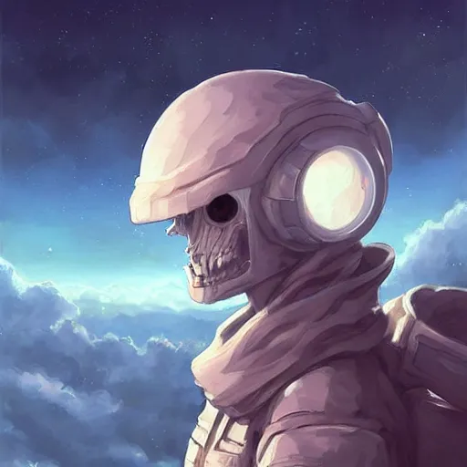 Prompt: an undead astronaut with his helmet on by kren cushart on an alien cotton candy world clouds landscape