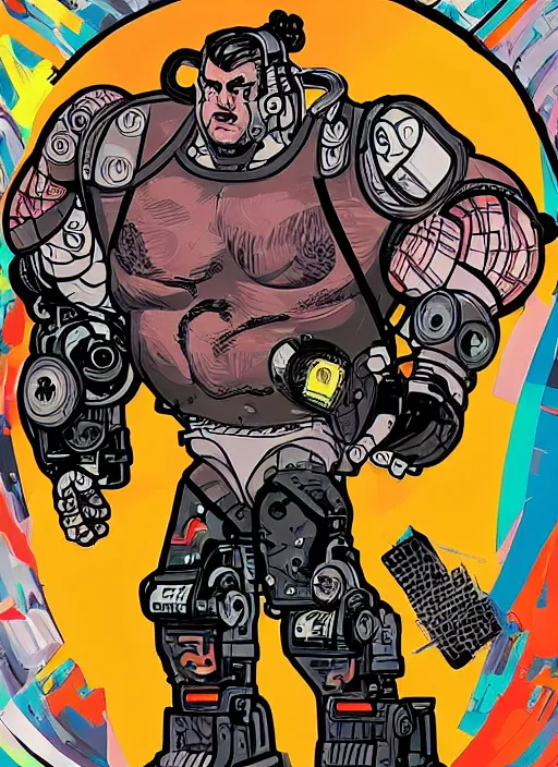Image similar to buff cyberpunk weight lifter. robotic arm. portrait illustration, pop art, splash painting, art by ashley wood, alphonse mucha, laurie greasley and josan gonzales ( apex legends )