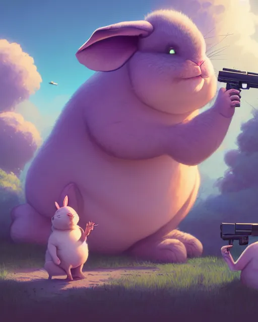 Image similar to highly detailed surreal vfx portrait of a cute, happy big chungus, shooting two mac - 1 0 s, stephen bliss, unreal engine, greg rutkowski, loish, rhads, beeple, makoto shinkai and lois van baarle, ilya kuvshinov, rossdraws, tom bagshaw, global illumination, detailed and intricate environment