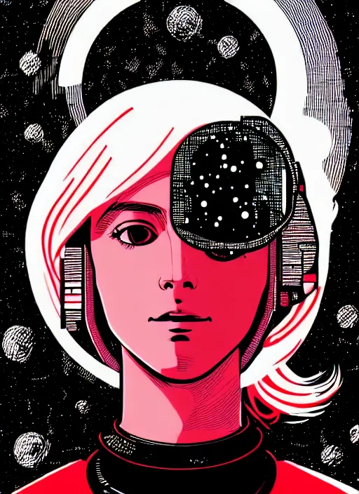 Prompt: highly detailed portrait of a hopeful pretty astronaut lady with a wavy blonde hair, by Laurie Greasley, 4k resolution, nier:automata inspired, bravely default inspired, vibrant but dreary but upflifting red, black and white color scheme!!! ((Space nebula background))