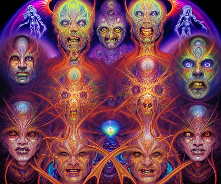 Prompt: realistic detailed image of a friendly figures of psychedelic dmt jesters made of light dancing in the outer 5th dimensional space by Alex Grey, by Ayami Kojima, Amano, Karol Bak, Greg Hildebrandt, and Mark Brooks, Neo-Gothic, gothic, rich deep colors. Beksinski painting, part by Adrian Ghenie and Gerhard Richter. art by Takato Yamamoto. masterpiece