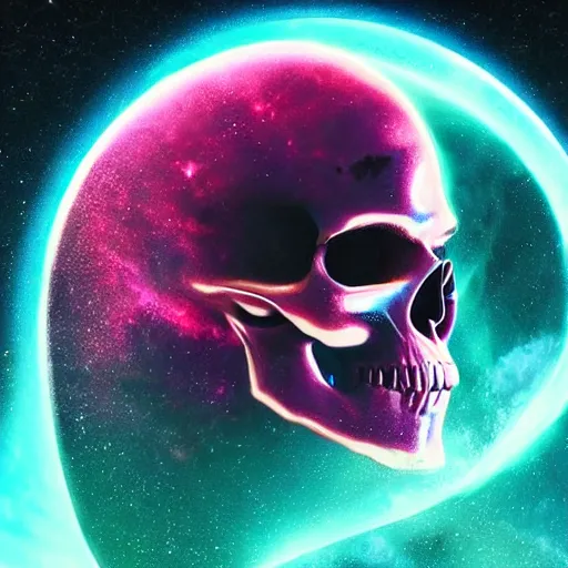 Image similar to planet shaped like a skull, colorful, glow, energy, galaxy, ethereal, cinematic, epic, 8k, ultra detailed, Artstation, Trending on Artstation, Artstation HQ, Artstation HD, deviant art, Pinterest, digital art,