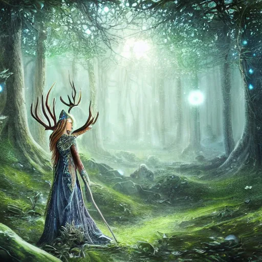 Image similar to beautiful elven celestial stag. beautiful highly detailed forest background. green and blue light. accurate, sci - fi concept art, intricate, elegant, trending on art station 8 k rendering.