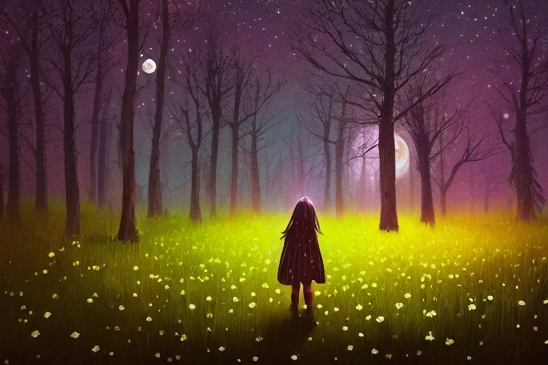 Image similar to giant daisy flower head, girl walking in a moonlit forest, hills, surreal photography, dark night, star trails, dramatic light, impressionist painting, clouds, digital painting, artstation, simon stalenhag