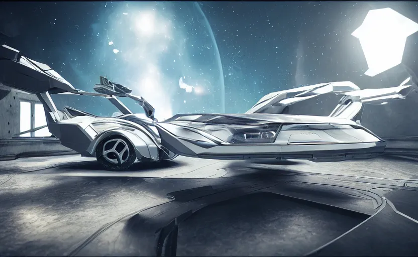 Image similar to a spaceship version of the vw beetle floating in the space, masterpiece, hyperrealistic, futuristic, symmetrical, octane render, unreal engine 5, path traced, highly detailed, high quality, 8 k, cinematic, high coherence, soft lighting, spacecraft, bloom