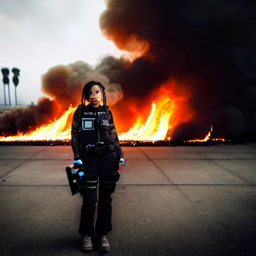 Image similar to Candid extreme wide shot of a poor techwear mixed woman with short hair and tattoos outside of a futuristic Los Angeles on fire, a police MRAP on fire, cyberpunk, 4k, extreme long shot, desaturated, full shot, action shot, motion blur, depth of field, sigma 85mm f/1.4, high resolution, 4k, 8k, hd, full color, award winning photography, war photography