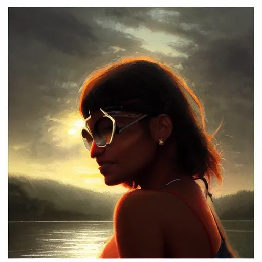 Image similar to a closeup portrait of a mia khalifa, dramatic light, lake background, sunset, dark, painted by stanley lau, painted by greg rutkowski, painted by stanley artgerm, digital art, trending on artstation