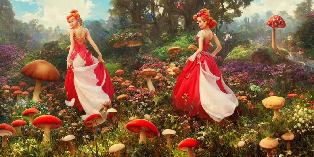 Prompt: princess peach roaming through a landscape, Mushroom Kingdom, Super Mario Theme, giant red and white spotted mushrooms, by Stanley Artgerm Lau , greg rutkowski, thomas kindkade, alphonse mucha, loish, norman Rockwell