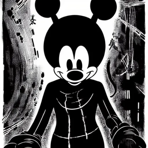 Image similar to Mickey Mouse looking sinister, by Tsutomu Nihei, highly detailed
