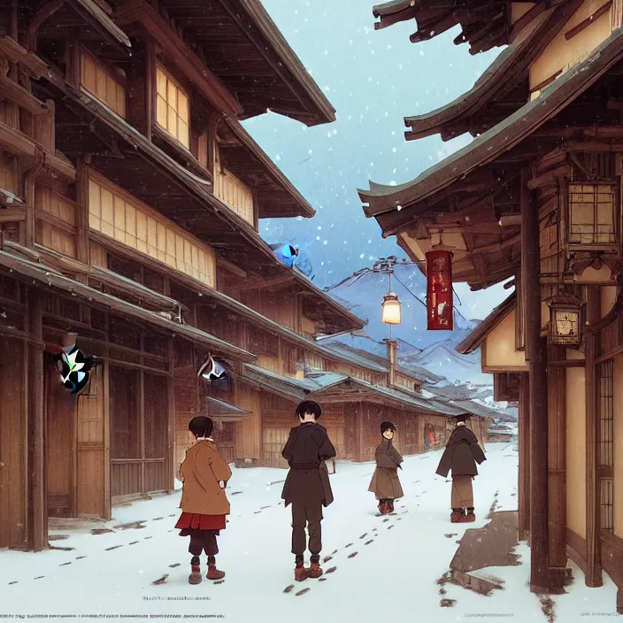 Prompt: japanese rural town, no people, winter, in the style of studio ghibli, j. c. leyendecker, greg rutkowski, artem