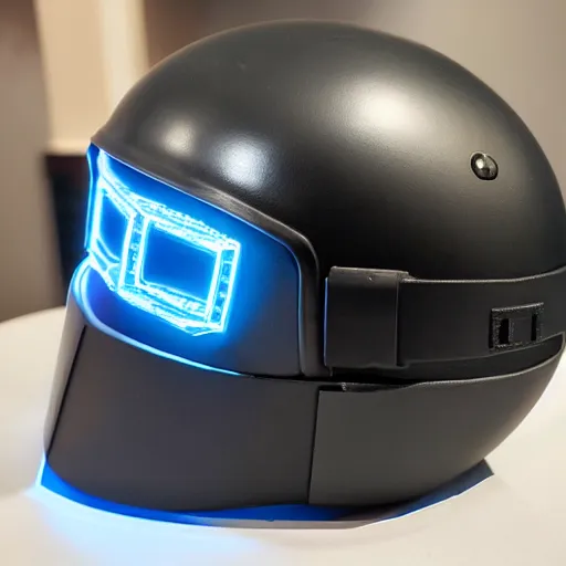 Prompt: cyberpunk helmet combat helmet matte black intimidating placed on table exposed wiring IMG_1413.JPG Cannon photo removed panels Cyberpunk2077 Bladeunner 2049 battle damage metallic edge wear moody lighting