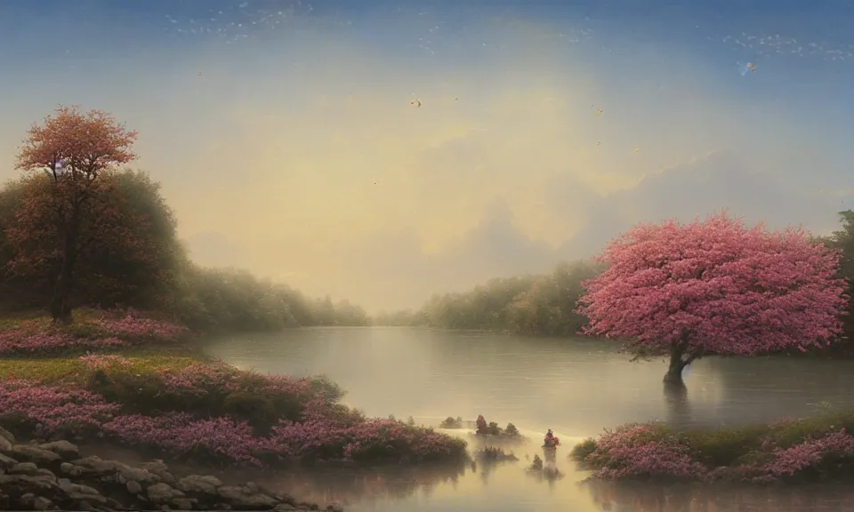 Image similar to a beautiful landscape matte painting of cherry trees with petals flying in the sky, beside a river, by christophe vacher