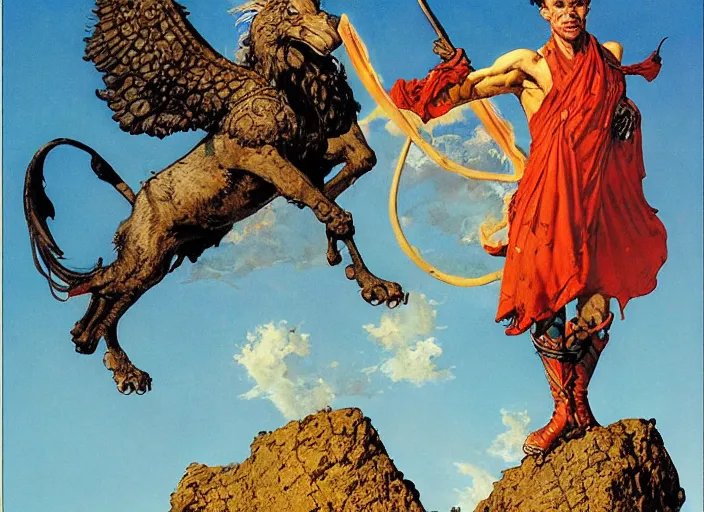 Prompt: portrait of a mythical griffin standing on a rock, by norman rockwell and jesper ejsing and jason fabok and tom lovell and frank schoonover