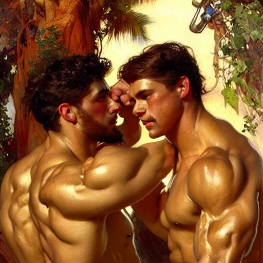 Image similar to attractive muscular bro and muscular attractive broseph, drinking their hearts out, boys night out. highly detailed painting by gaston bussiere, craig mullins, j. c. leyendecker, alphonse mucha 8 k