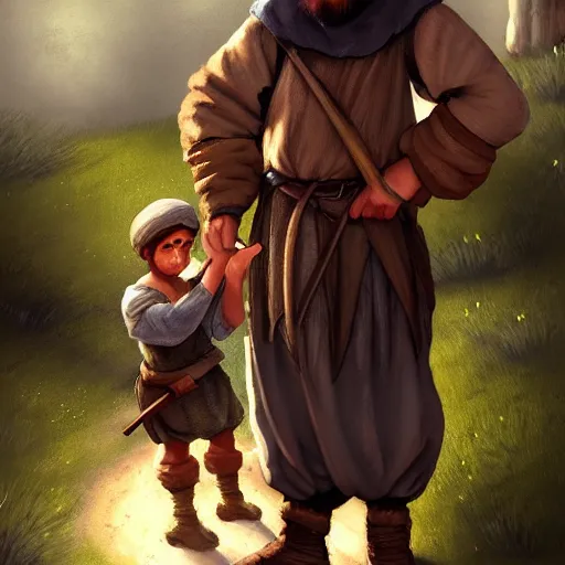 Image similar to medieval peasant boy and blacksmith, artstation, fantasy