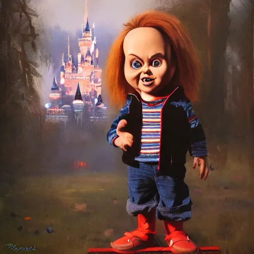 Prompt: chris patt holding the doll chucky, disney land as backdrop, oil painting, by greg rutkowski