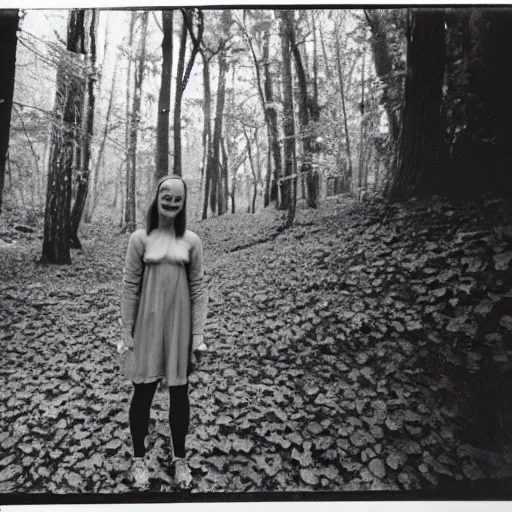 Prompt: woman smiling at the camera in the woods, found footage, black and white, creepy, 8 mm, analog