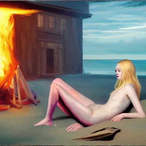 Image similar to Elle Fanning resting at a cult bonfire at night in the world of Edward Hopper, stormy weather, beach, extremely detailed masterpiece, oil on canvas, low-key neon lighting, artstation, Blade Runner 2049, Roger Deakin’s cinematography, by J. C. Leyendecker and Peter Paul Rubens,