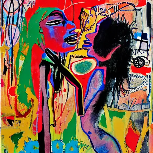 Image similar to acrylic painting of two bizarre psychedelic goth women kissing in japan in summer, speculative evolution, mixed media collage by basquiat and jackson pollock, maximalist magazine collage art, sapphic art, psychedelic illustration