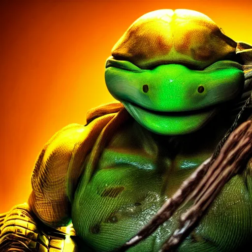 Image similar to teenage mutant ninja turtle, epic action movie still, hyper realistic award winning creature photography, epic volumetric lighting, glowing border of green radioactive Ooze dripping around frame, detailed face, golden ratio