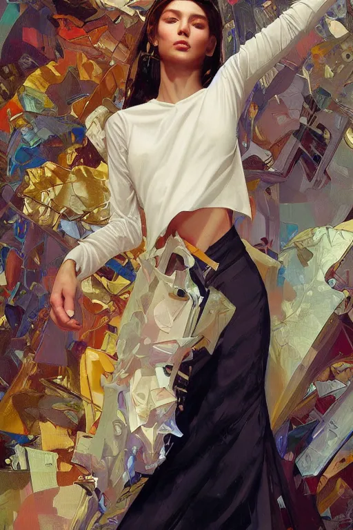 Image similar to an hyper intricate oil painting of gen z model wearing a fashion outfit with a clean t - shirt for mockups, full body ultra fashion model pose by vogue, excellent composition, by yoshitaka amano, by greg rutkowski, by alphonse mucha, by rhads, by ross tran, trending on artstation