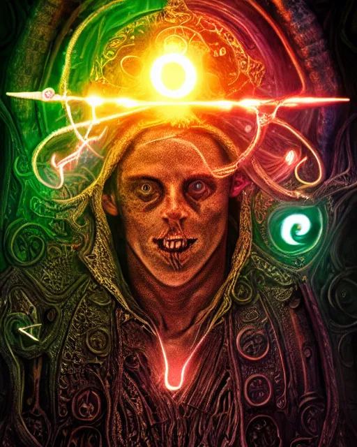 Prompt: photorealistic digital close up portrait of symmetrical well proportioned mage casting spells, in the middle of a room lit by glowing runes, vibrant colors, gothic, lovecraftian horror, high production value, intricate details, high resolution, hdr, high definition, masterpiece, realistic, ultrarealistic, highly detailed, hd, sharp focus, non blurry, sharp, smooth