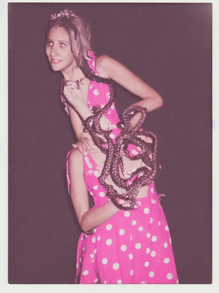 Image similar to Polaroid of an octopus in a pink polkadot dress at her high school prom, portrait by David friedric