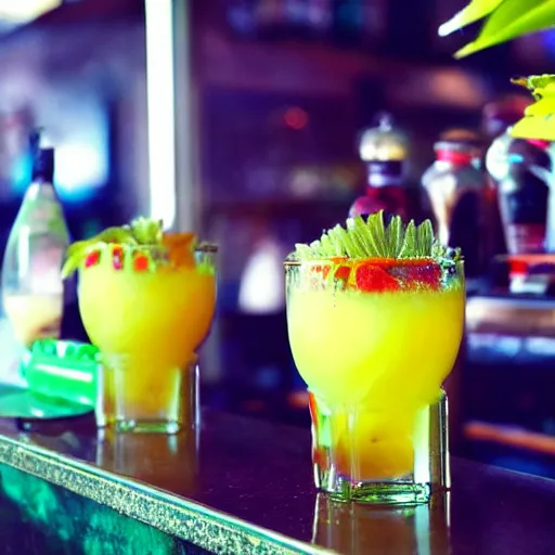 Prompt: ”tropical drink in bar counter”