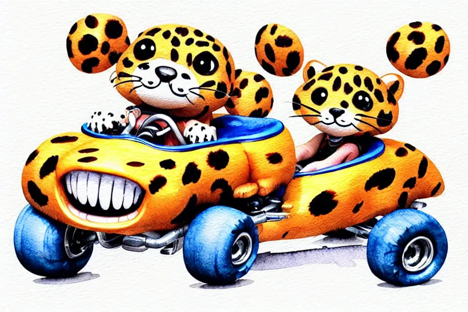 Image similar to cute and funny, baby leopard riding in a tiny go kart with oversized engine, ratfink style by ed roth, centered award winning watercolor pen illustration, isometric illustration by chihiro iwasaki, edited by range murata, tiny details by artgerm and watercolor girl, symmetrically isometrically centered