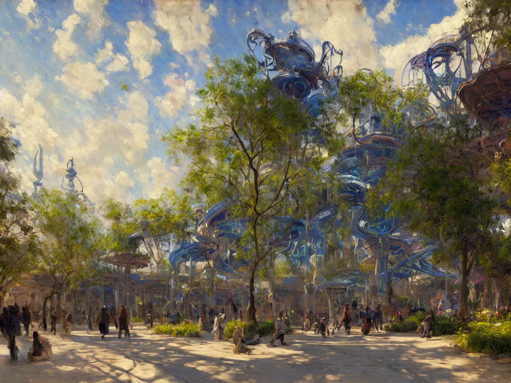 Prompt: impressionist brushstrokes!!!! solomon joseph solomon and richard schmid and jeremy lipking victorian loose genre loose painting of a busy elaborate ornate outdoor sci - fi park, cinematic, shadows, partly cloudy day, 4 k, detailed, by zaha hadid and peter jackson and ridley scott and beeple and greg rutowski