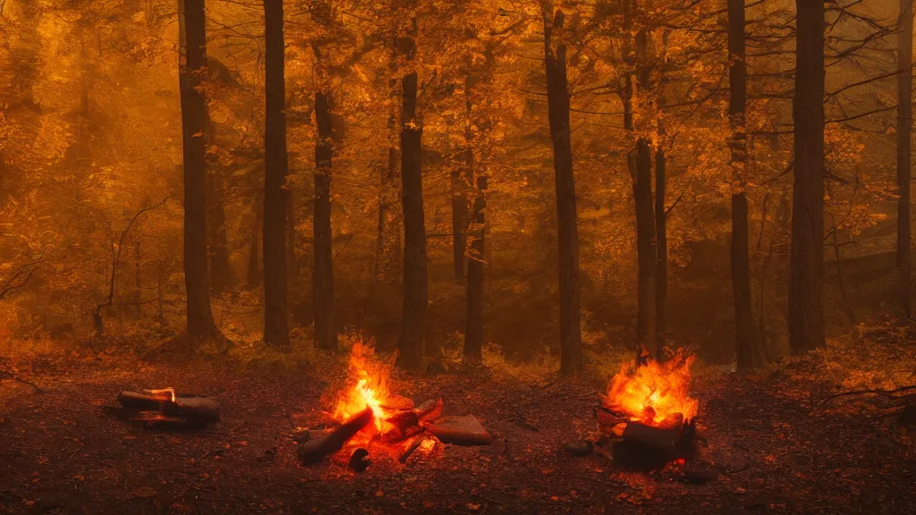 Prompt: beautiful closeup render of a campfire, unreal engine, smoke, sparks, evening, soft light, forest, hut, camp, fall, orange leaves, larches, early morning, fog, mist, by greg rutkowski, cgsociety