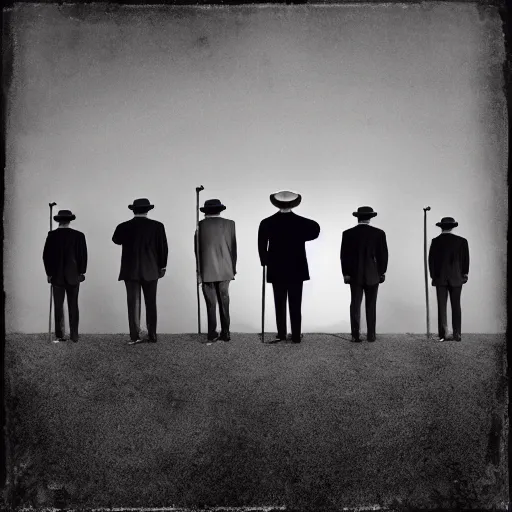 Prompt: A row of men in hats are standing, looking into the distance. the man in the centre is facing the front, looking downwards at his stomach by Tommy Ingberg