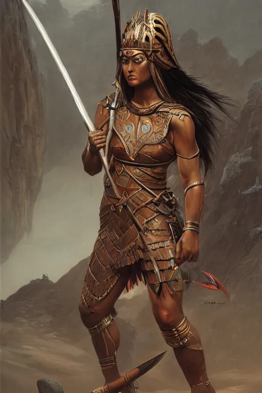Prompt: ethnic warrior female toned body, wearing tribal armor, holding wodden spear, by thomas cole and wayne barlowe 8 k, high detail, fantasy art, dnd, artstation,