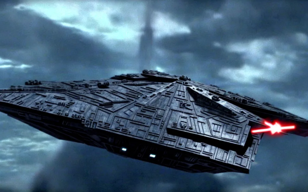 Image similar to star wars star destroyer from star wars landen in the twilight saga movie, darth vader anb bella dance together